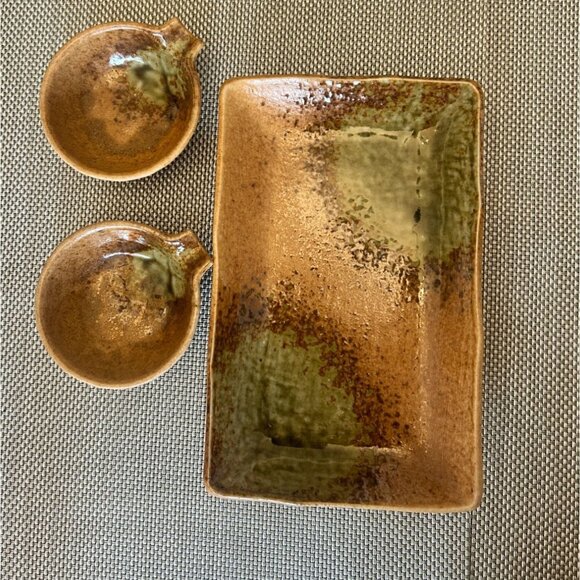 Handcrafted Ceramic Sushi Set Dish Two Matching Dipping Bowls Rectangular Tray - Picture 5 of 5